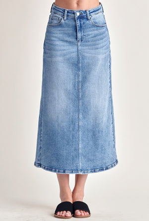 "High Rise Hemmed" (Medium Wash) Long Risen Skirt