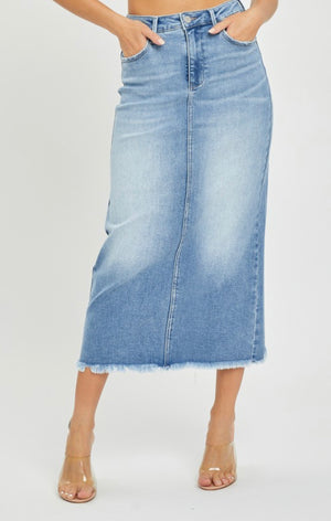 "High Rise Frayed" (Medium Wash) Long Risen Skirt