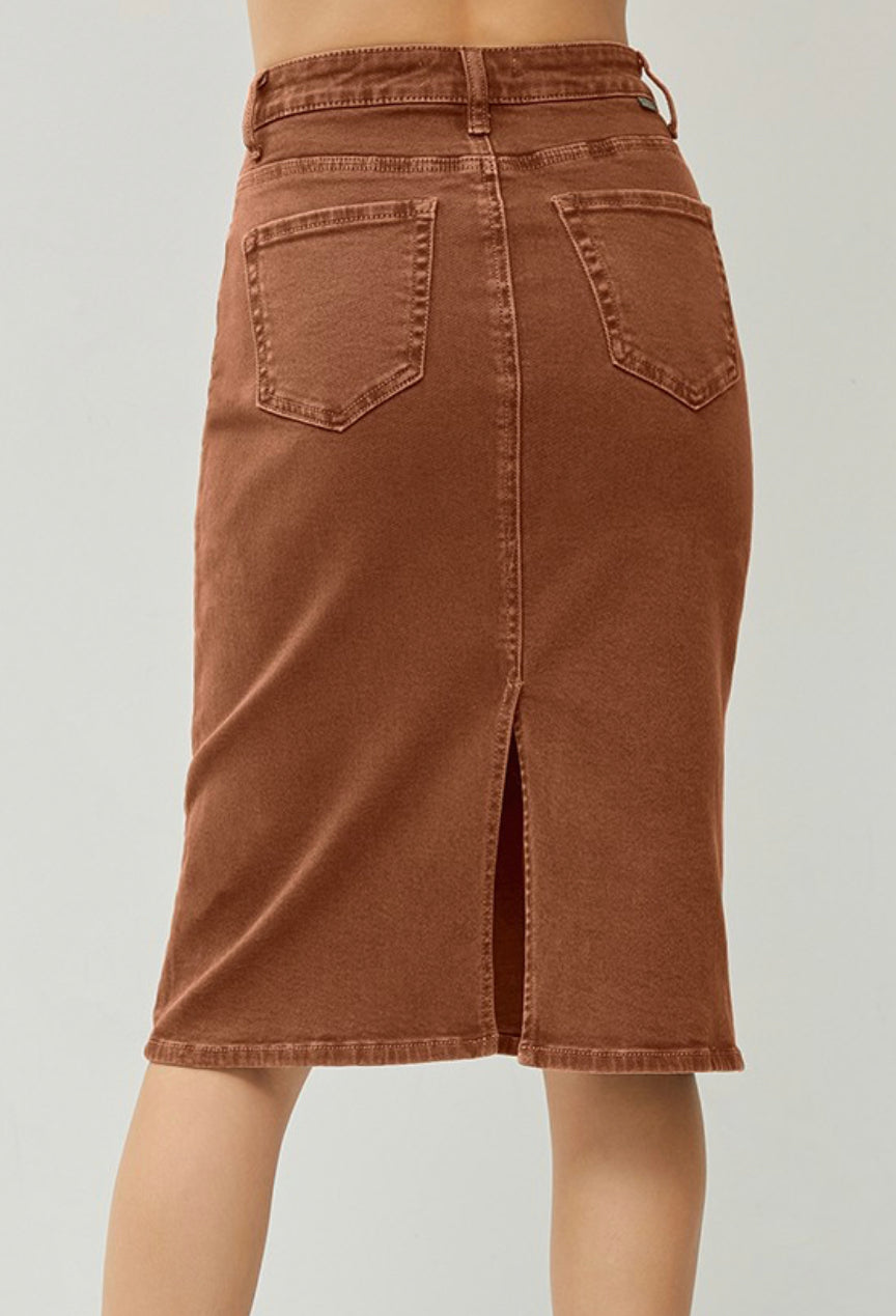 "Espresso Wash" Risen denim skirt