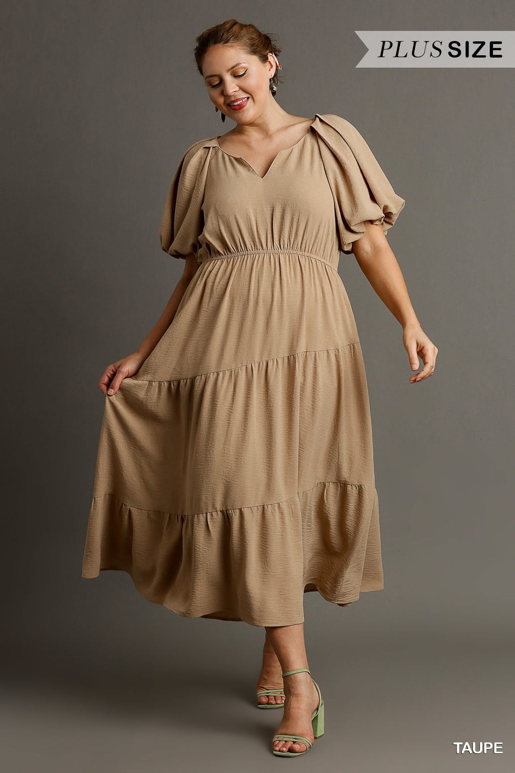 "Stylish Mentality" (taupe) plus dress