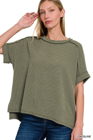 "Ribbed Revival" (dk olive) short sleeve top