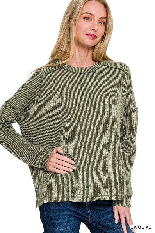"Ribbed Revival" (dk olive) reg & plus long sleeve top