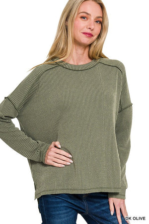 "Ribbed Revival" (dk olive) reg & plus long sleeve top