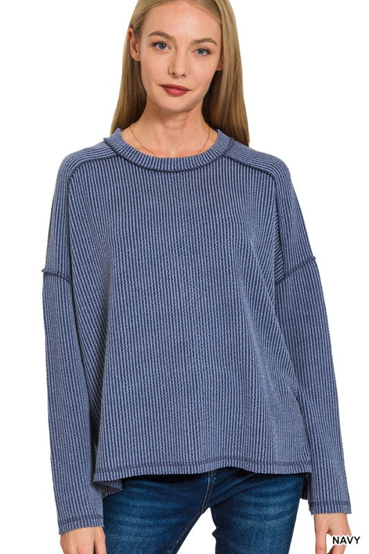 "Ribbed Revival" (navy) reg & plus long sleeve top