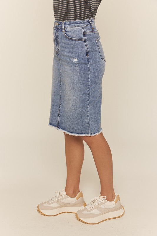 “Knee Length Distress” TNR denim skirt