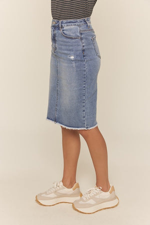 “Knee Length Distress” TNR denim skirt