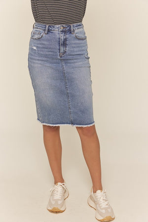 “Knee Length Distress” TNR denim skirt