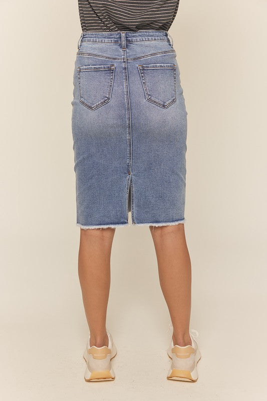 “Knee Length Distress” TNR denim skirt