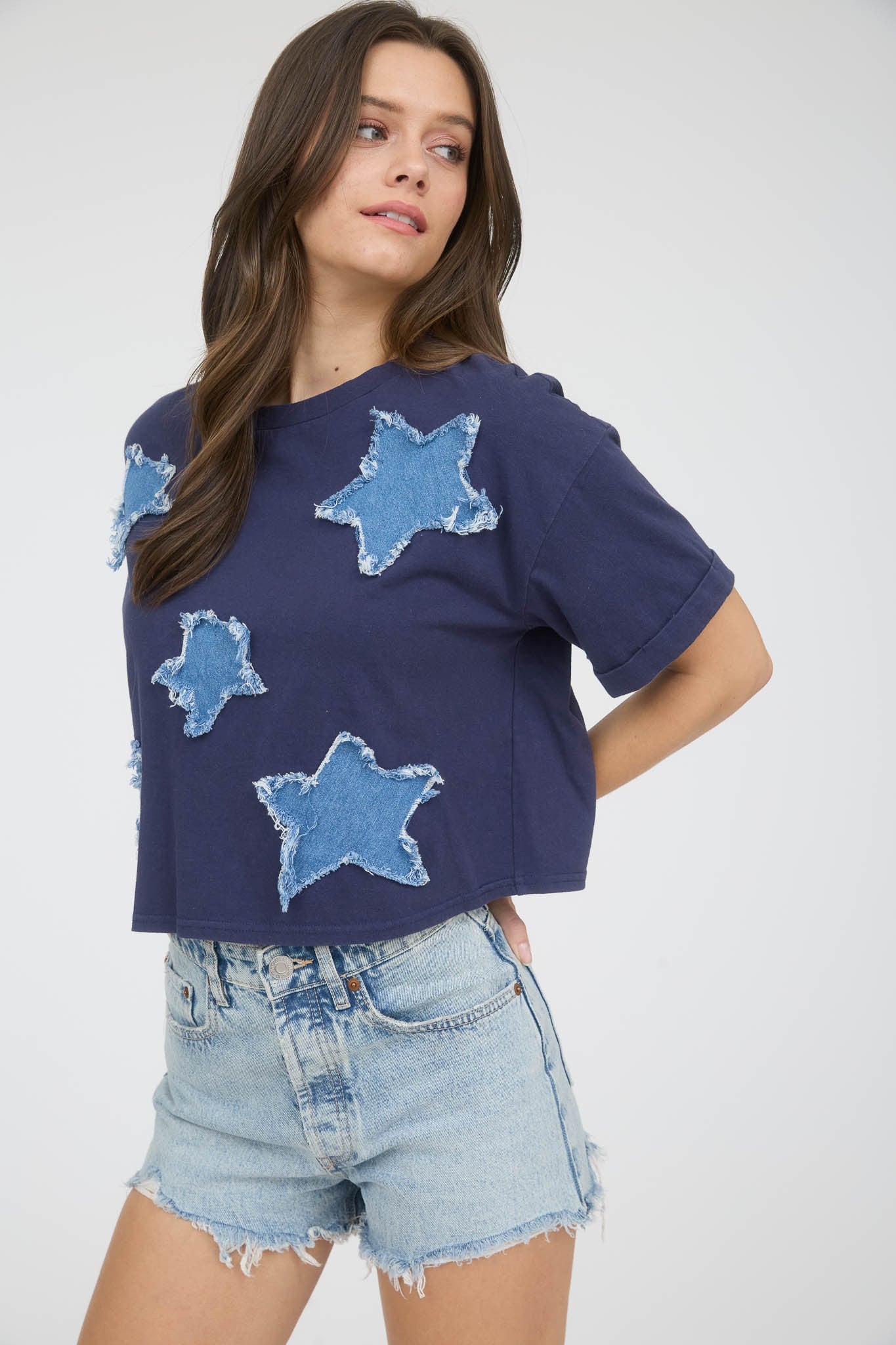 "Seeing Stars" (navy) long crop tee