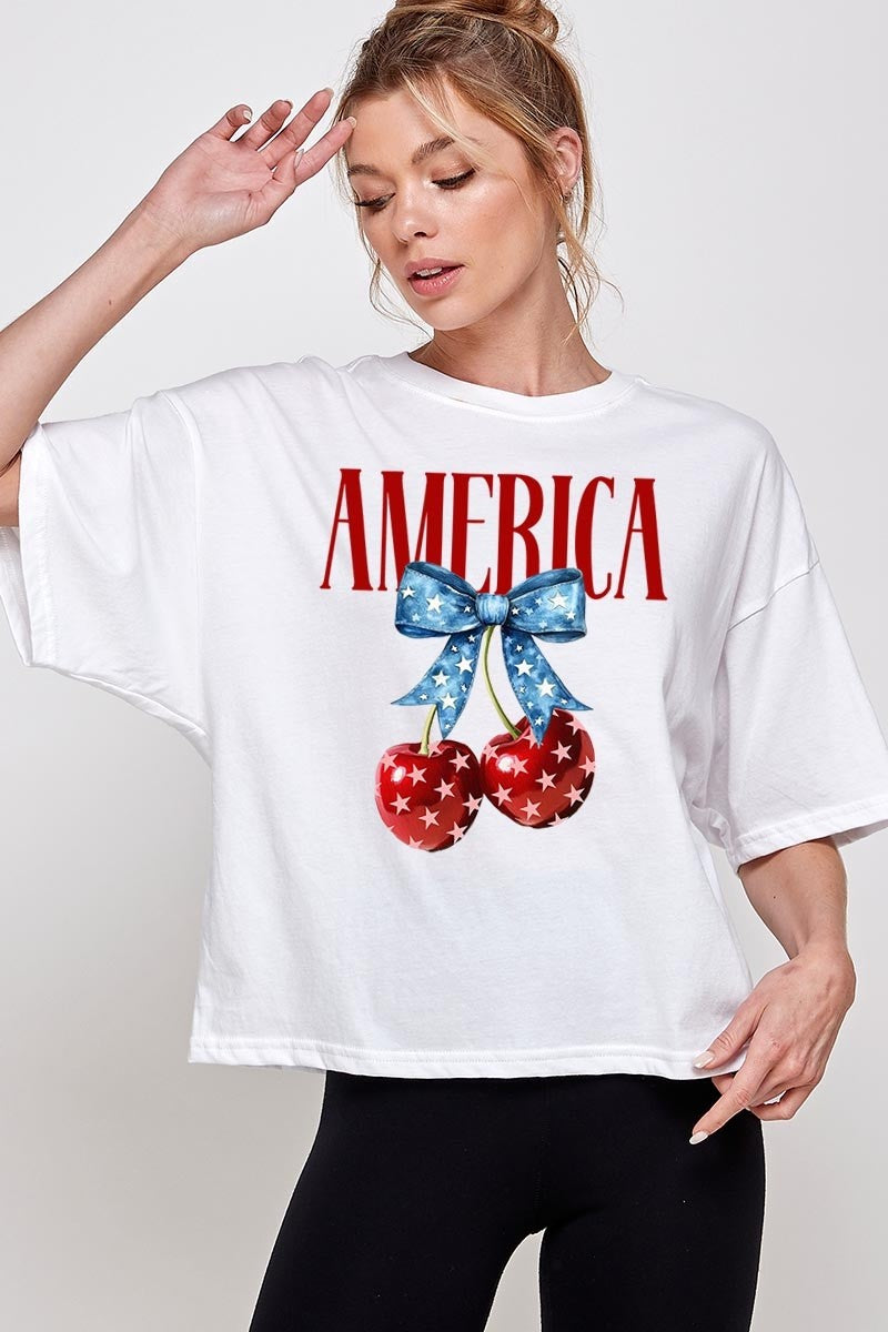 "America" (long crop) white t-shirt