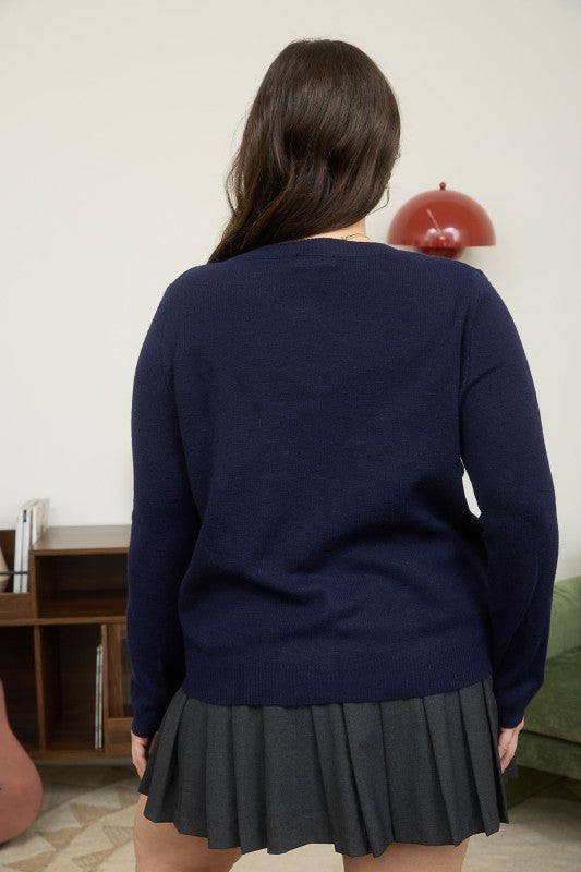 "Cozy Knits" (navy) cardigan sweater