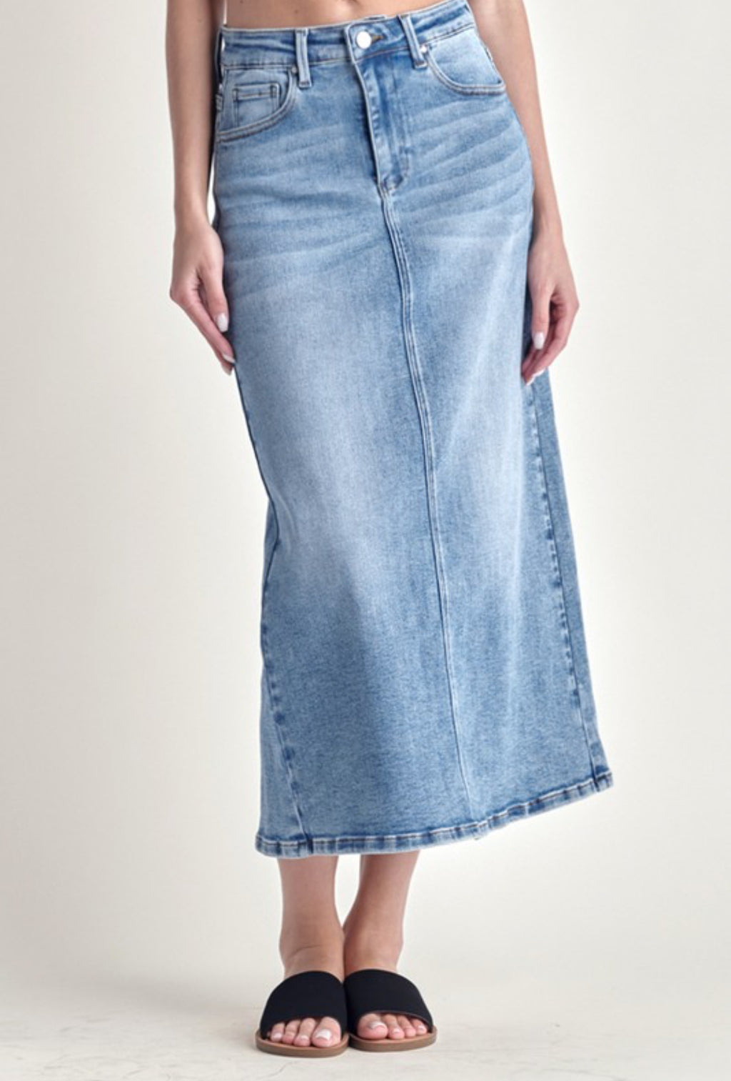 "High Rise Hemmed" (Medium Wash) Long Risen Skirt