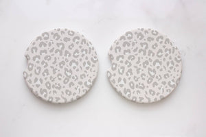 White and Gray Leopard Car Coasters