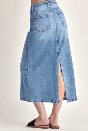 "High Rise Hemmed" (Medium Wash) Long Risen Skirt