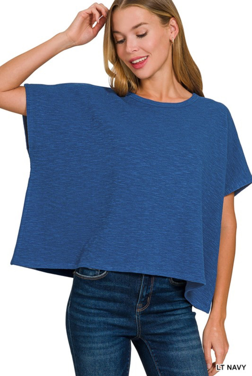 “Born Free” (Lt navy) top