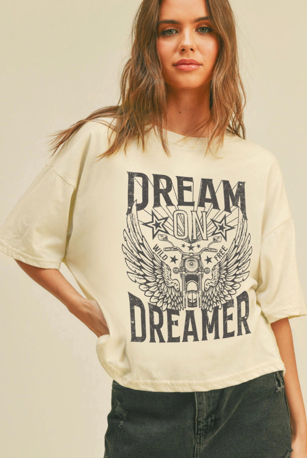 "Dream On" (off white) long crop t-shirt