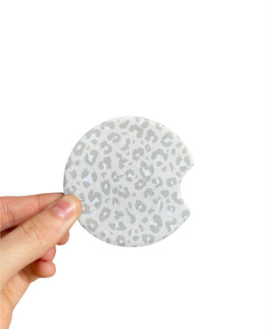 White and Gray Leopard Car Coasters