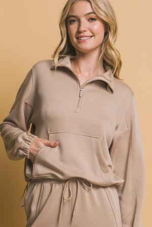 "Carefree Comfort" (taupe) half zip sweater