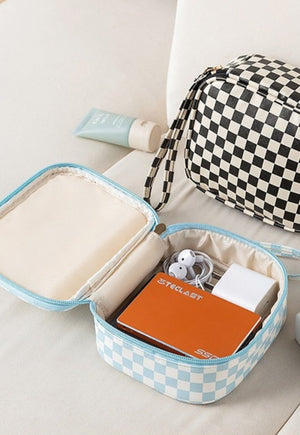 Checkered Cosmetic Makeup Travel Case (blue)