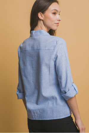"Trip Over Seas" (blue) top