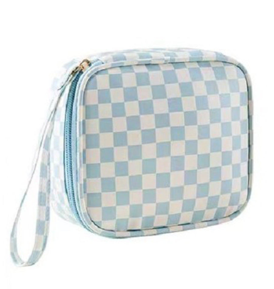 Checkered Cosmetic Makeup Travel Case (blue)