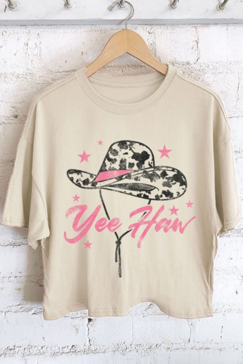 "Yee Haw" long crop (khaki) t-shirt