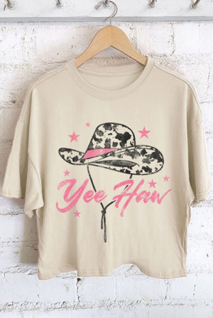 "Yee Haw" long crop (khaki) t-shirt