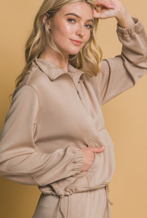 "Carefree Comfort" (taupe) half zip sweater