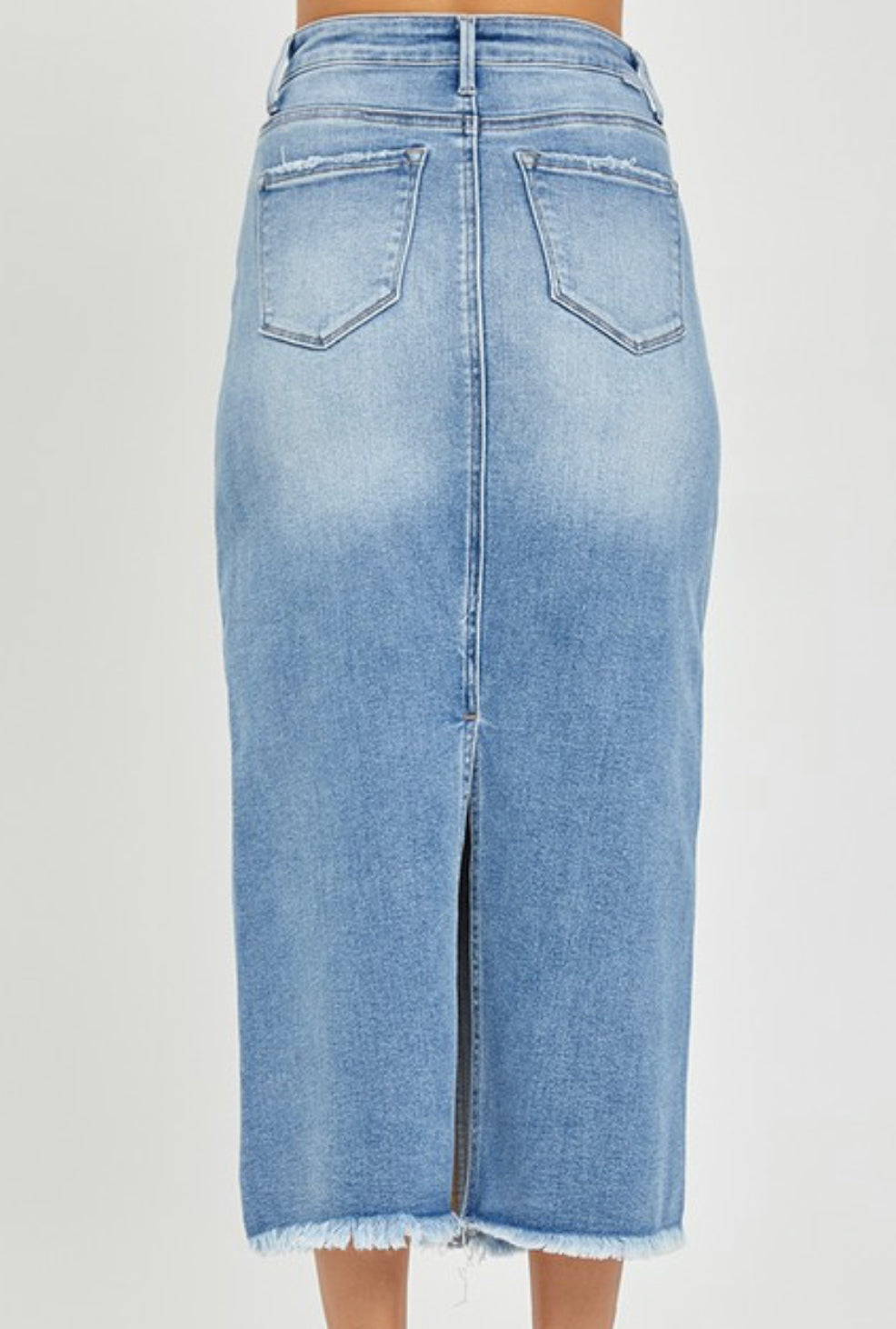 "High Rise Frayed" (Medium Wash) Long Risen Skirt