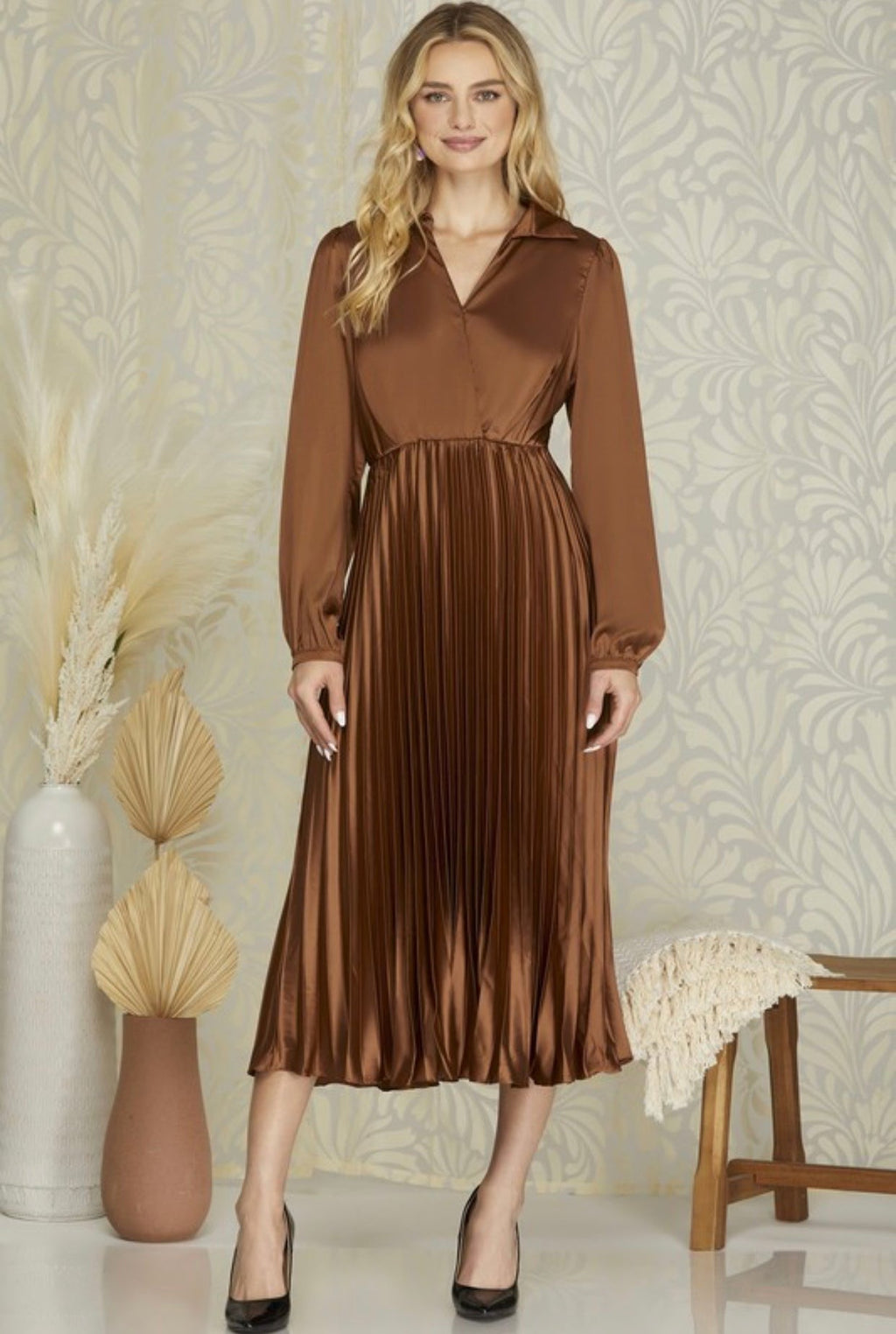 "Pretty In Pleats" (toffee) dress