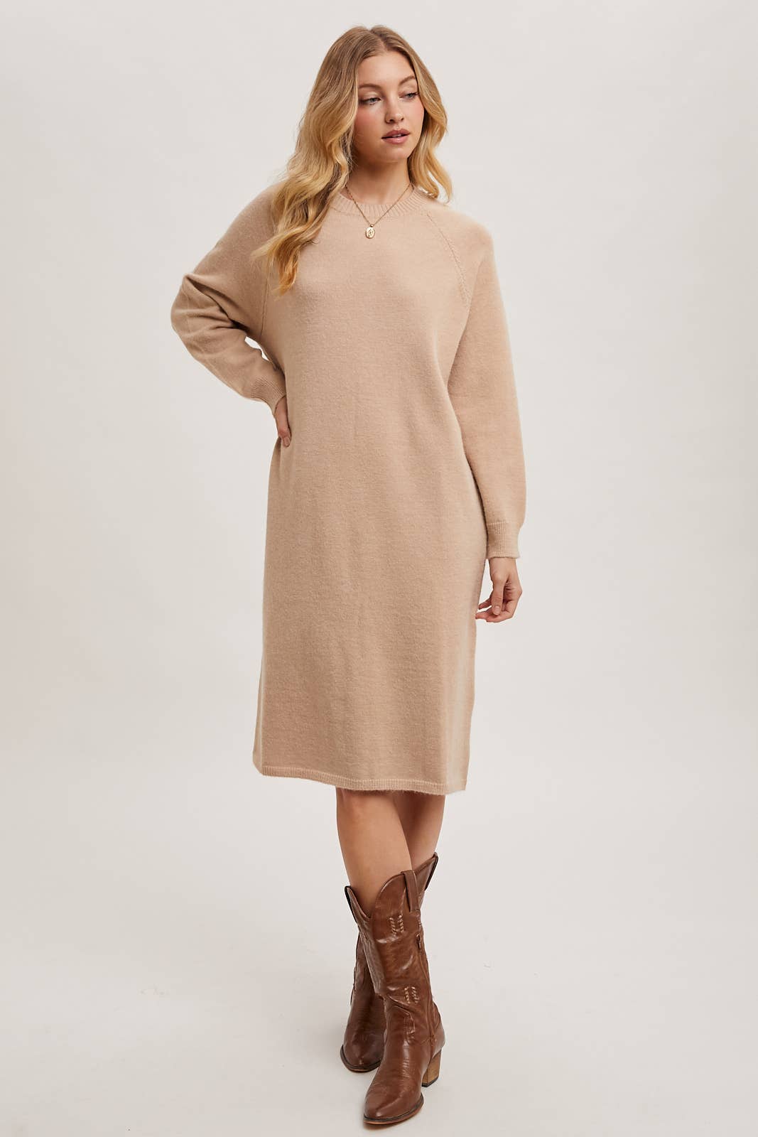 “Basic Check Fit” (beige) sweater dress