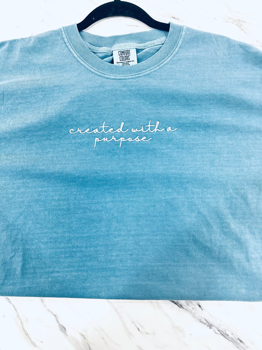 "Created With A Purpose" (blue) comfort colors tee