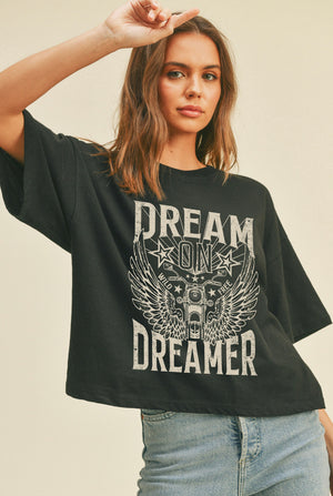 "Dream On" (black) long crop t-shirt