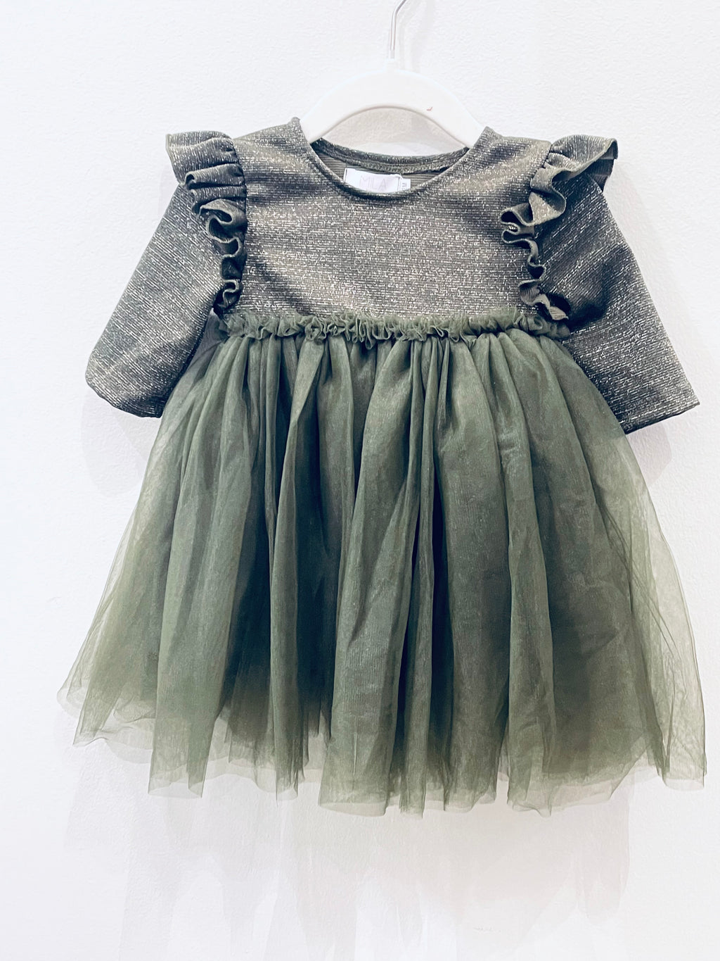 "Drawn To The Glitter" (olive) girls dress