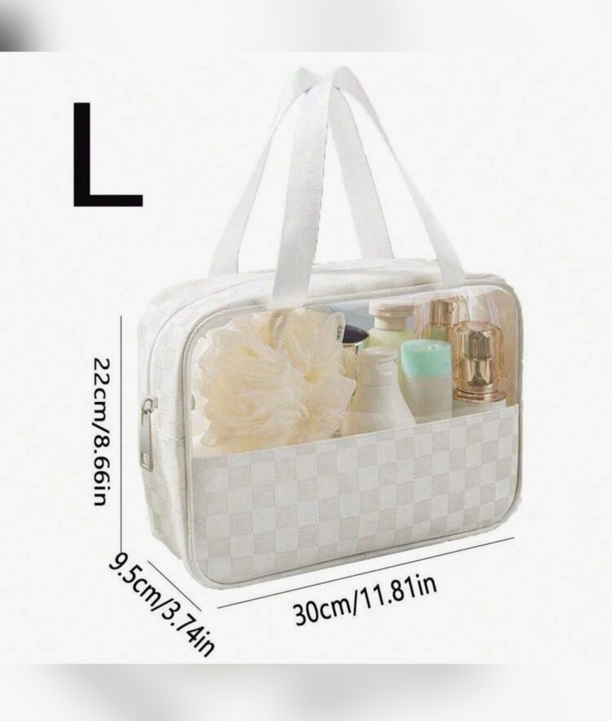 "Traveling First Class" white accessory bags