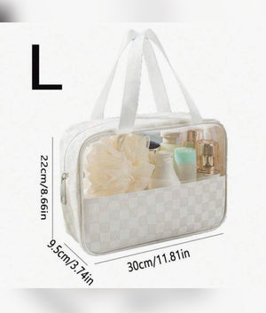 "Traveling First Class" white accessory bags