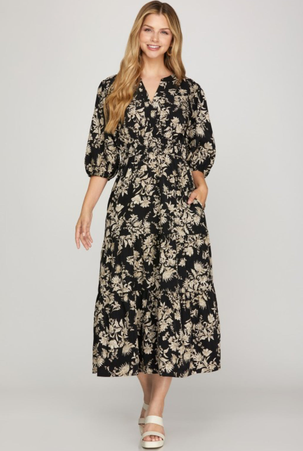 "Floral Reverie" (black) reg & plus dress