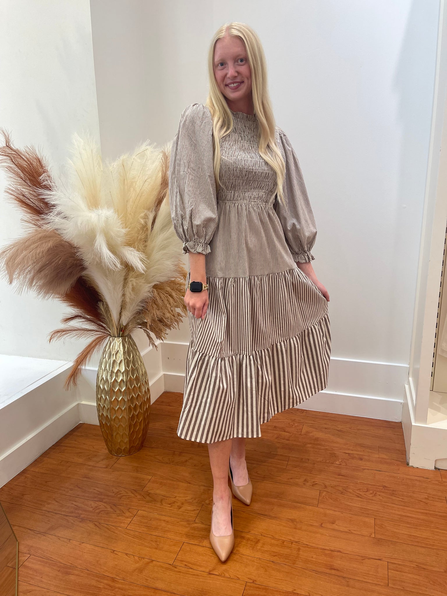 "Smocks And Stripes" (Brown) Dress