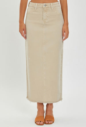 "High Rise Frayed" (sand) Long Risen Skirt