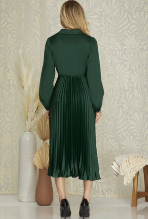 "Pretty in Pleats" (Hunter Green) Satin Dress