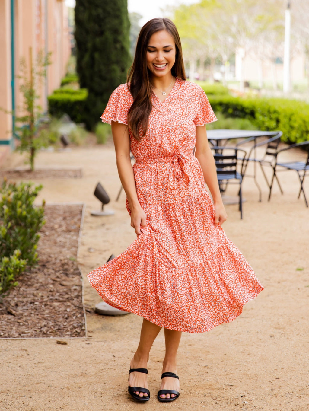 "Floral Bliss" (orange/red) dress