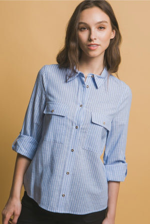 "Trip Over Seas" (blue) top