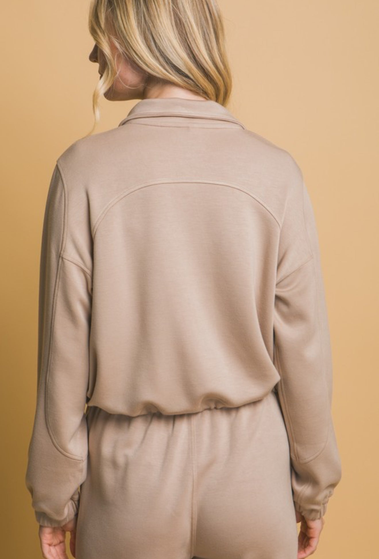 "Carefree Comfort" (taupe) half zip sweater