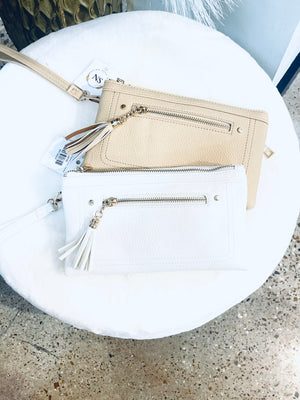"Weekend Ready" (beige) wristlet crossbody