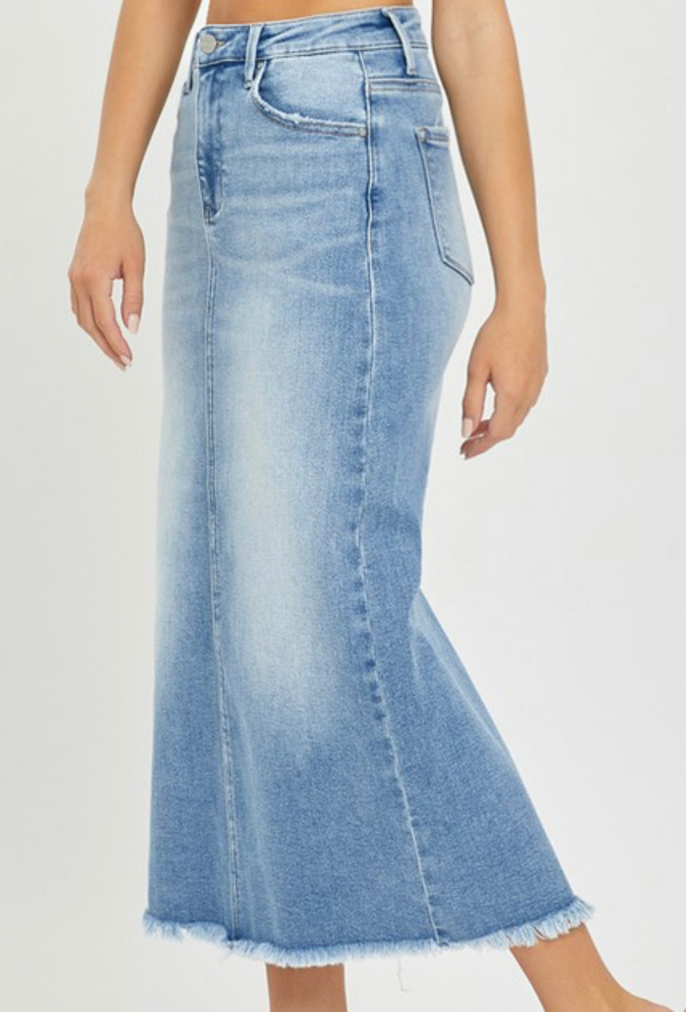 "High Rise Frayed" (Medium Wash) Long Risen Skirt