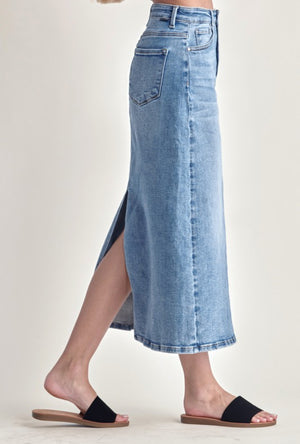 "High Rise Hemmed" (Medium Wash) Long Risen Skirt