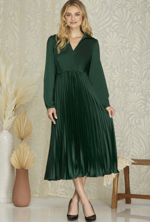 "Pretty in Pleats" (Hunter Green) Satin Dress