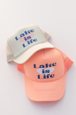 "Lake Is Life" (beige) trucker hat
