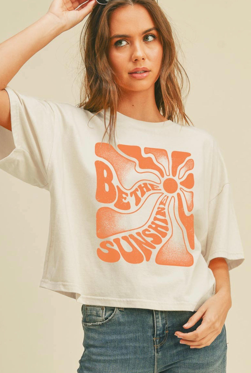 "Be The Sunshine" (cream) long crop t-shirt