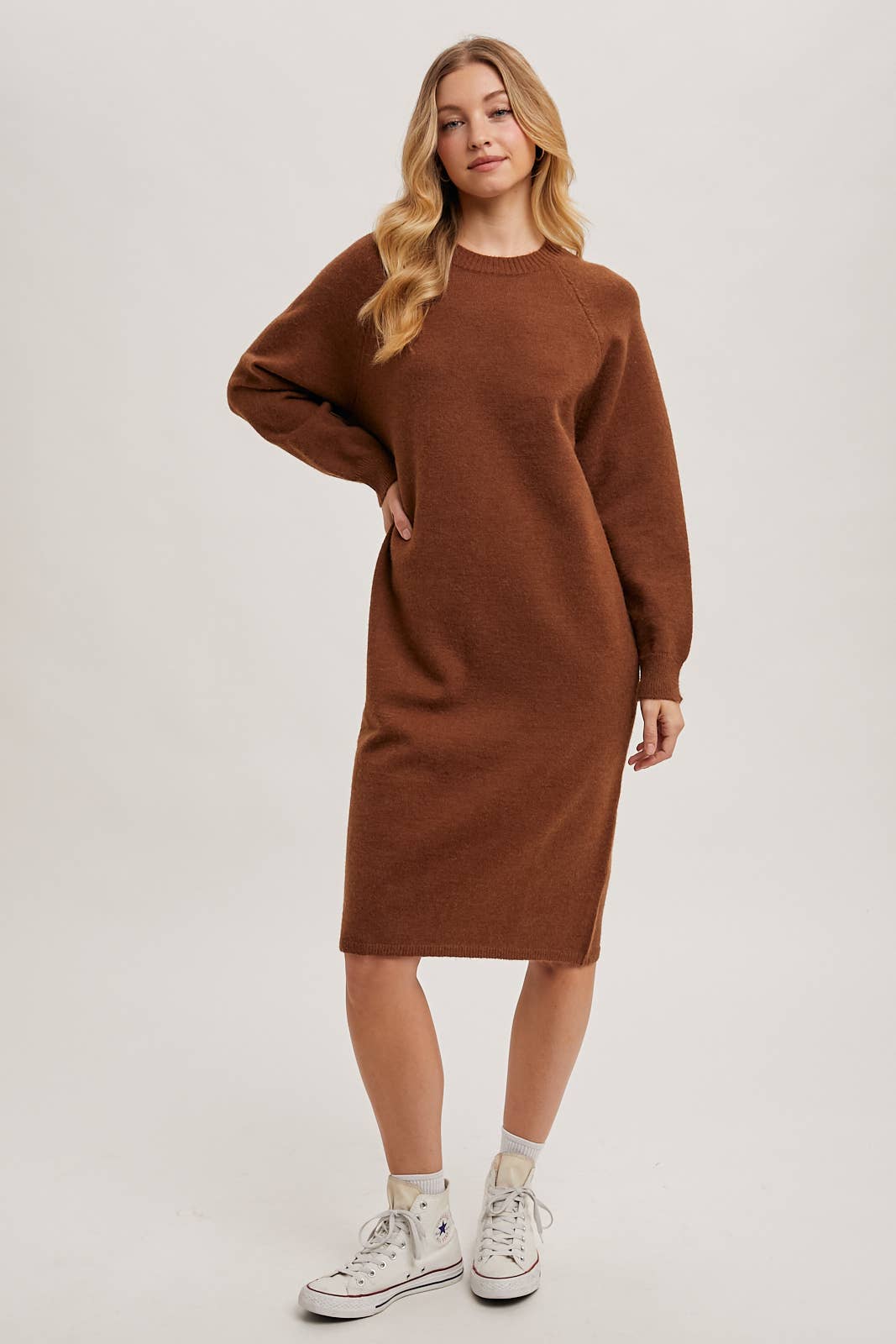 “Basic Check Fit” (beige) sweater dress